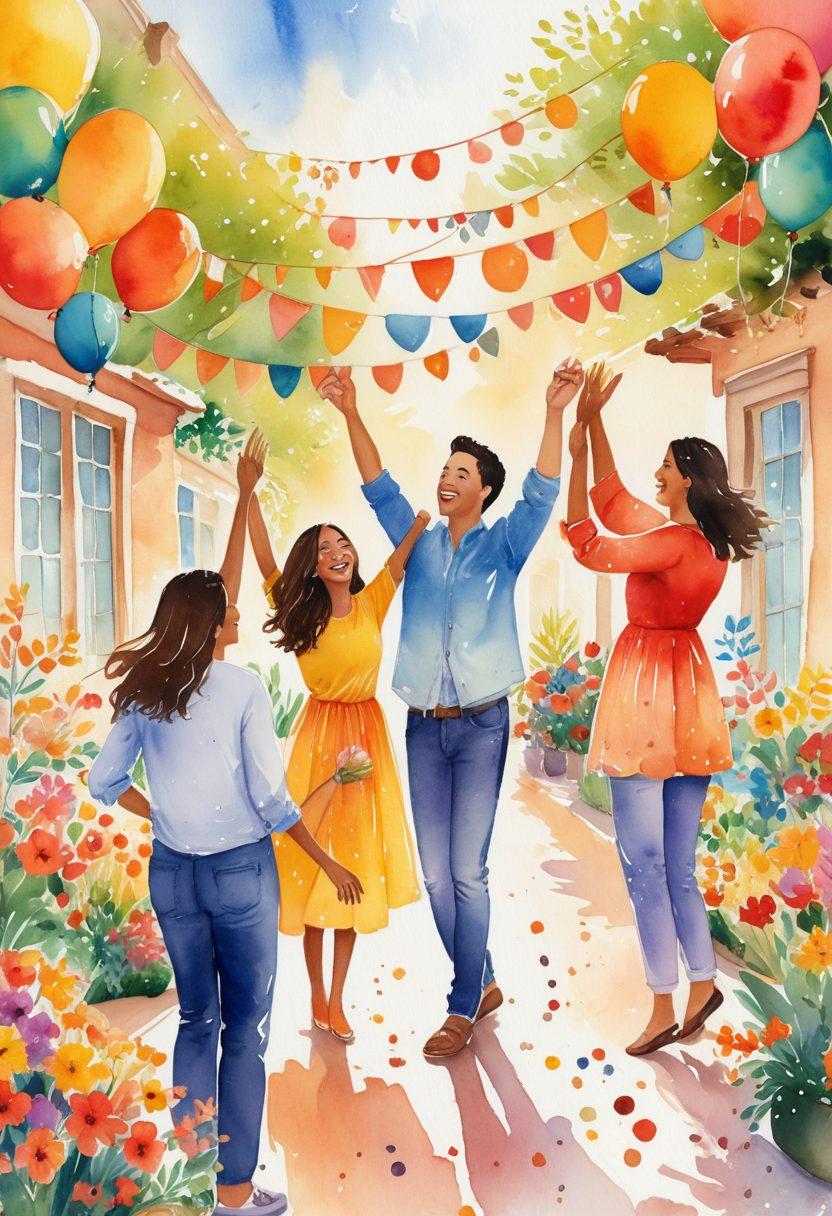 A lively gathering of diverse friends sharing joyous moments, surrounded by colorful decorations and symbols of happiness like smiles, laughter, and playful activities. Incorporate elements of nature, such as blooming flowers and warm sunlight, to evoke a sense of well-being. Capture the essence of connection and elation through expressive body language and facial expressions. watercolor painting. vibrant colors. warm tones.