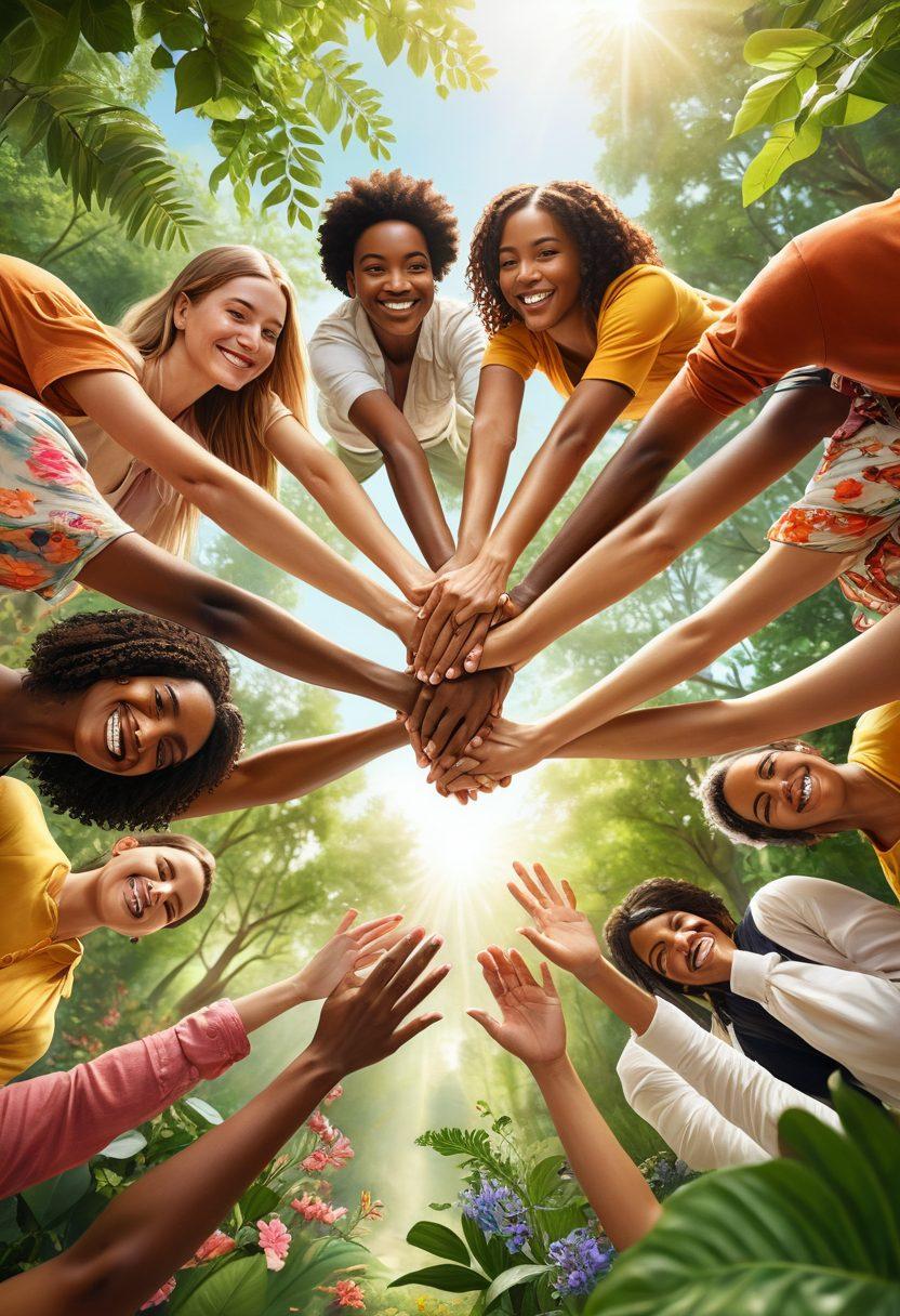 A diverse group of people from different backgrounds, smiling and holding hands in a circle, surrounded by lush greenery and soft sunlight filtering through the trees. In the background, a small peaceful gathering with elements of nature like flowers and a gentle stream, representing community and support. Focus on expressions of joy and empowerment, with soft, warm colors to evoke a sense of togetherness. vibrant colors. super-realistic. nature-inspired.