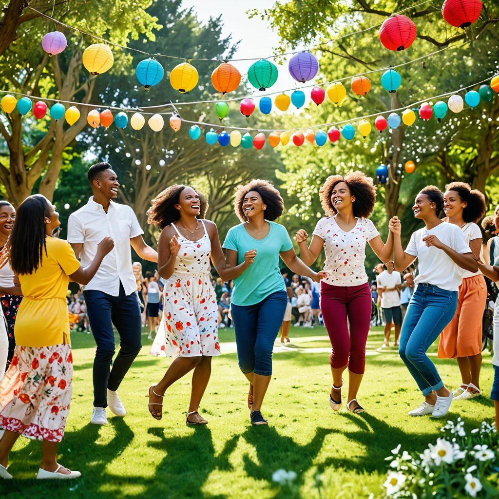 A diverse group of people joyfully celebrating in a bright, sunlit park, their faces radiating happiness and unity. They are engaged in various activities like dancing, sharing food, and laughing together, surrounded by colorful decorations and nature. In the background, there are symbols of faith like doves and soft glowing lanterns, symbolizing hope and community. The scene captures a serene yet vibrant atmosphere of connection and joy. vibrant colors. super-realistic. natural setting.